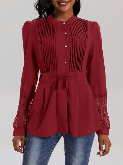 Elegant Lace Blouse - Long Sleeve, Mock Neck, Pleated Contrast Design, Women's Clothing for Chic Style