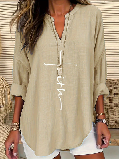 ZllKl Letter Print Notch Neck Blouse, Casual Long Sleeve Blouse For Spring & Fall, Women's Clothing