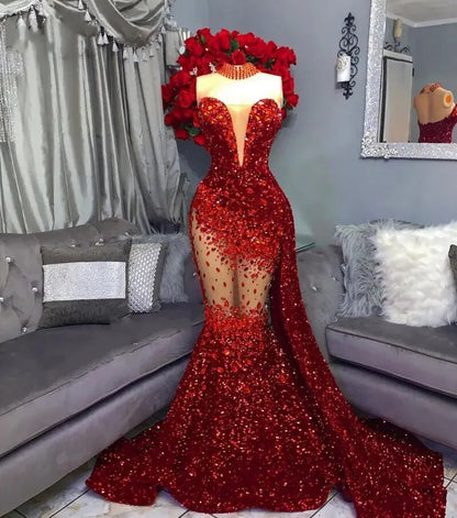 Sparkly Silver Sequins Mermaid Prom Dresses  For Black Girls Sweetheart Crystal Rhinestone Sweep Train Formal Party Luxury Evening Gowns Robes De Bal 0304