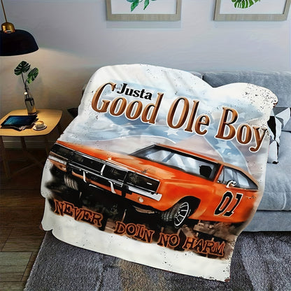 Vintage Cartoon Car Pattern Flannel Fleece Throw Blanket - Soft and Cozy Multipurpose All-Season Contemporary Blanket with Unique Embellishment for Sofa, Bed, Office, Camping, Travel - 100% Polyester Knitted Fabric