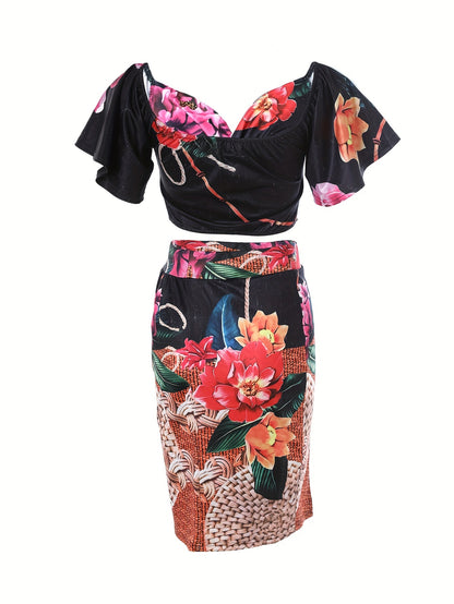 Romantic Boho Floral Two-Piece Outfit Set - Flirty Off-Shoulder Crop Top & Split Skirt - Perfect for Vacation Wear - Womens Summer Fashion