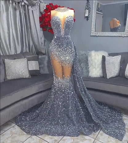 Sparkly Silver Sequins Mermaid Prom Dresses  For Black Girls Sweetheart Crystal Rhinestone Sweep Train Formal Party Luxury Evening Gowns Robes De Bal 0304