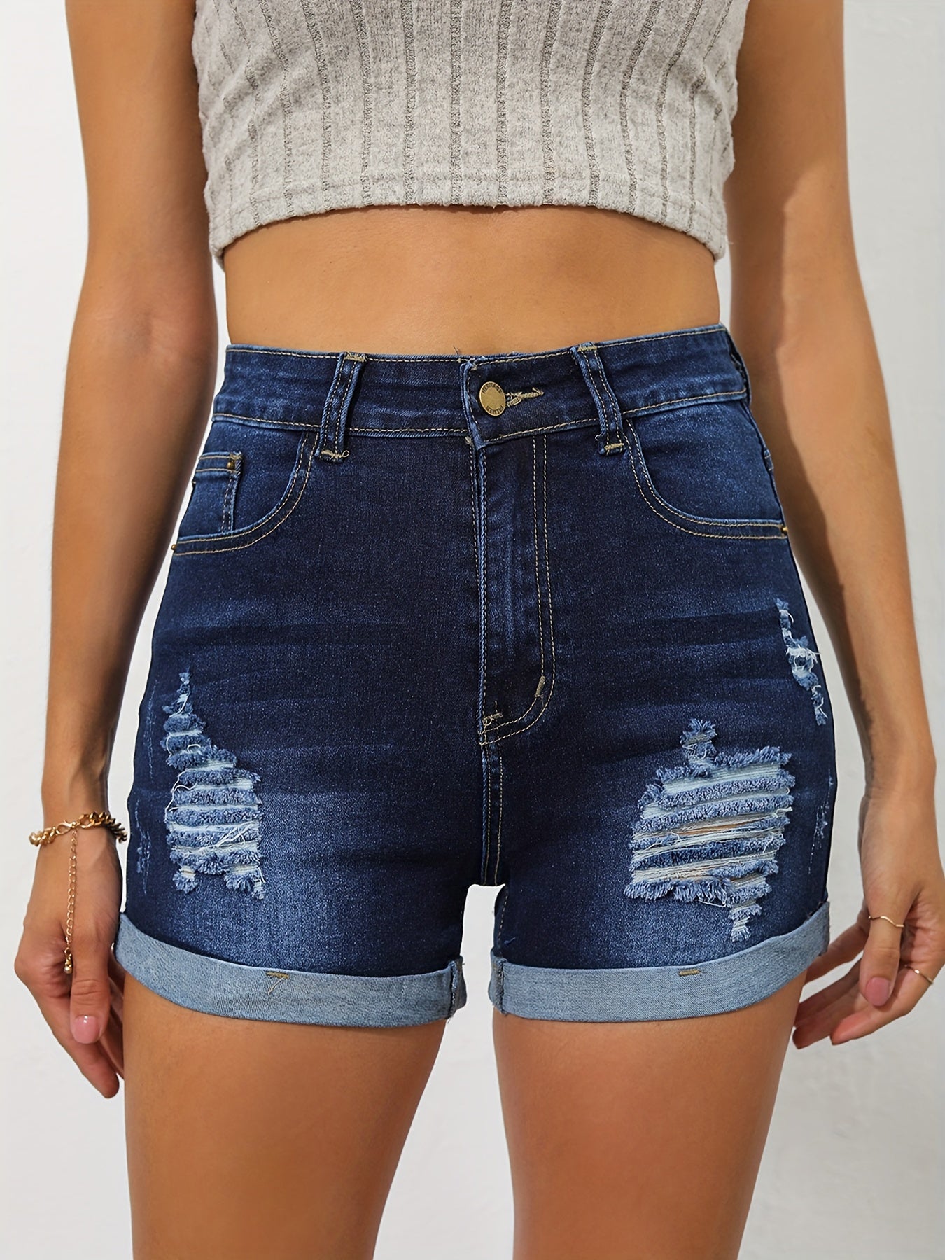 ZllKl  Ripped Roll Hem Dark Wash Shorts, Zipper Button Closure Slash Pocket Deep Blue Denim Panst, Stretchy Casual Pants To Wear Every Day, Women's Denim Jeans & Clothing