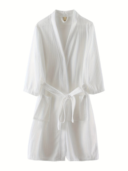 Men's Waffle Bathrobe Japanese Kimono Robe, Vacation Style Comfortable Sleepwear Elegant Style Bathrobe With Belt Spa Home Wears
