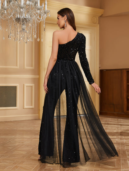 Stunning One Shoulder Sequined Jumpsuit - Elegant Long Sleeve Backless High Waist Women's Clothing - Contrast Mesh Fabric, Chic Party Wear, Bodycon Fit, and Flattering Design