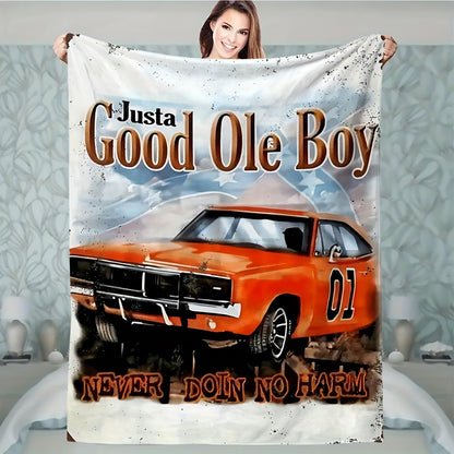 Vintage Cartoon Car Pattern Flannel Fleece Throw Blanket - Soft and Cozy Multipurpose All-Season Contemporary Blanket with Unique Embellishment for Sofa, Bed, Office, Camping, Travel - 100% Polyester Knitted Fabric