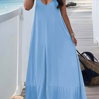 Plus Size Peplum Cami Maxi Dress - V Neck, Backless, Slight Stretch, Polyester, Machine Washable, Solid Color, Vacation Style, Knit Fabric - Perfect for Summer
