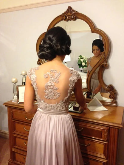 2016 In Stock Sexy Cheap Chiffon Wedding Bridesmaid Dresses Embroidery Beads A Line With Sweetheart Short Sleeve Sheer Back Floor Length