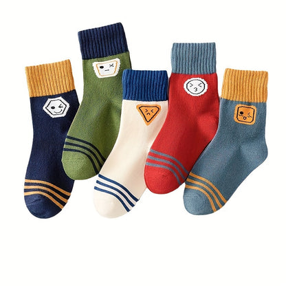 Boys Cartoon Calf Socks 5-Pack, Knit Fabric, Polyester 95%, Spandex 5%, Hand Washable, Cozy Fall/Winter Crew Socks for Kids Age 12 & Under