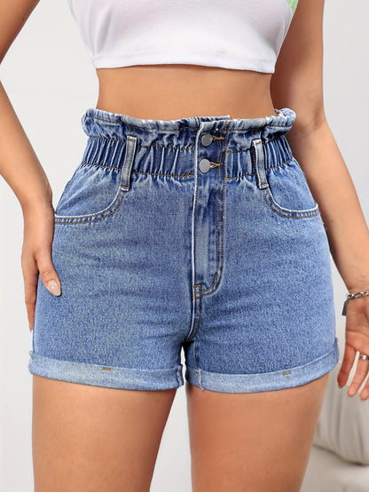 ZllKl  High Waist Washed Denim Shorts, Rolled Hem Slash Pockets Short Denim Pants, Women's Denim Jeans & Clothing