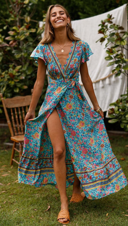 ZllKl  Cross-Border New  Summer Casual Hot Sale Holiday Floral Print Dress Sexy Dress Women's Clothing