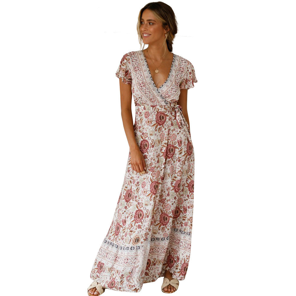 ZllKl  Cross-Border New  Summer Casual Hot Sale Holiday Floral Print Dress Sexy Dress Women's Clothing