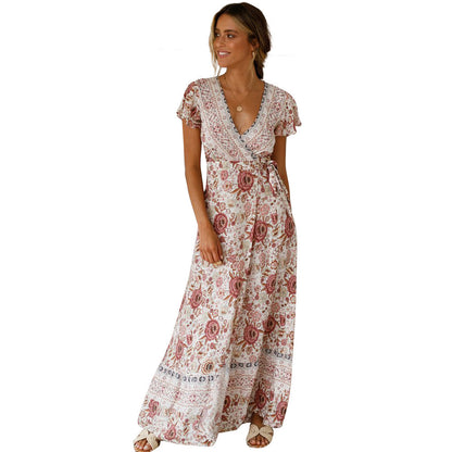 ZllKl  Cross-Border New  Summer Casual Hot Sale Holiday Floral Print Dress Sexy Dress Women's Clothing