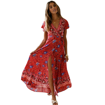 ZllKl  Cross-Border New  Summer Casual Hot Sale Holiday Floral Print Dress Sexy Dress Women's Clothing