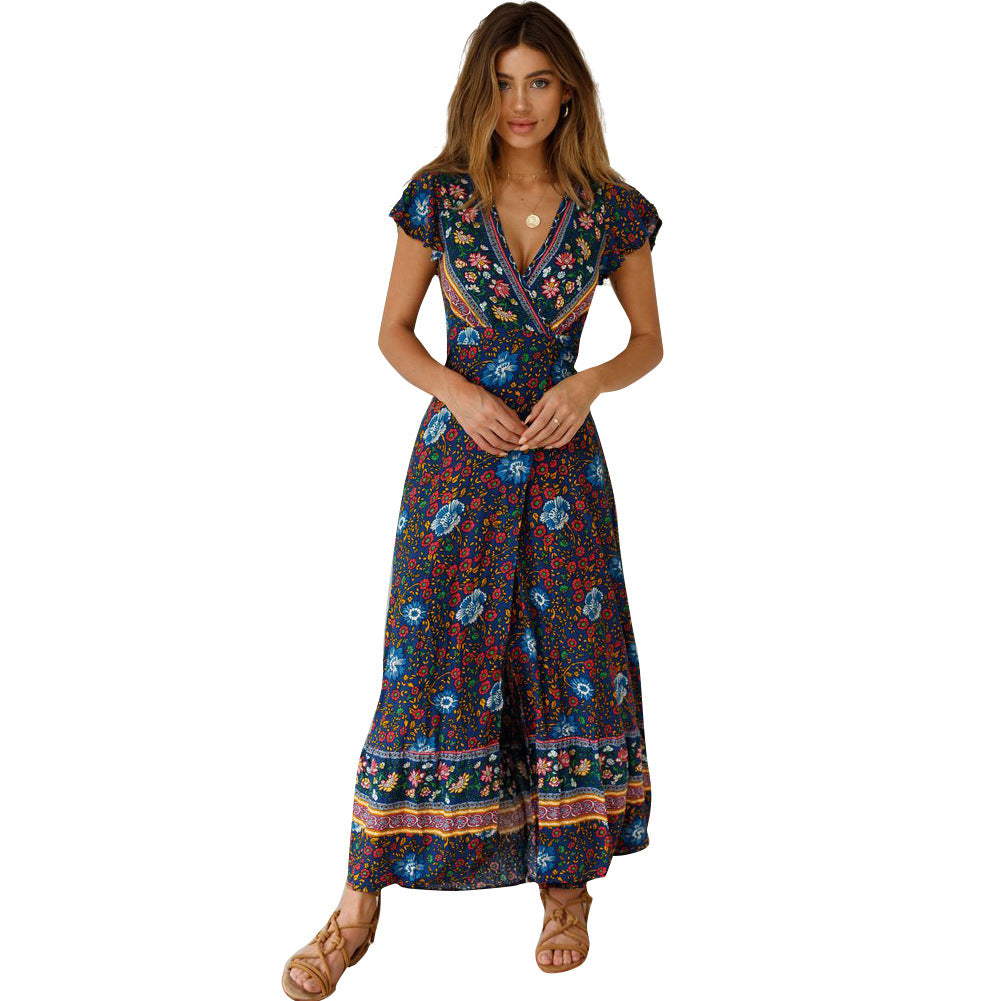 ZllKl  Cross-Border New  Summer Casual Hot Sale Holiday Floral Print Dress Sexy Dress Women's Clothing