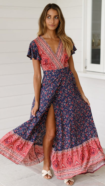 ZllKl  Cross-Border New  Summer Casual Hot Sale Holiday Floral Print Dress Sexy Dress Women's Clothing