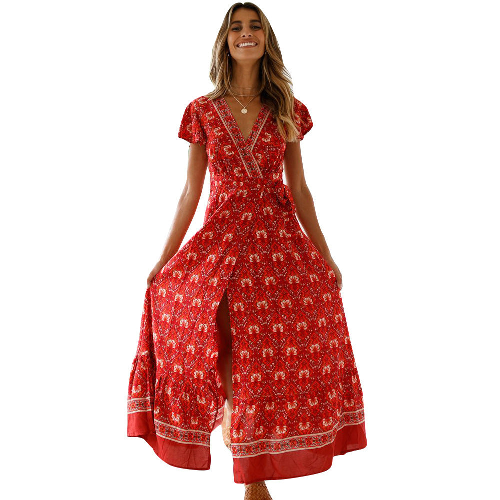 ZllKl  Cross-Border New  Summer Casual Hot Sale Holiday Floral Print Dress Sexy Dress Women's Clothing