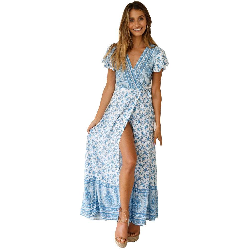 ZllKl  Cross-Border New  Summer Casual Hot Sale Holiday Floral Print Dress Sexy Dress Women's Clothing