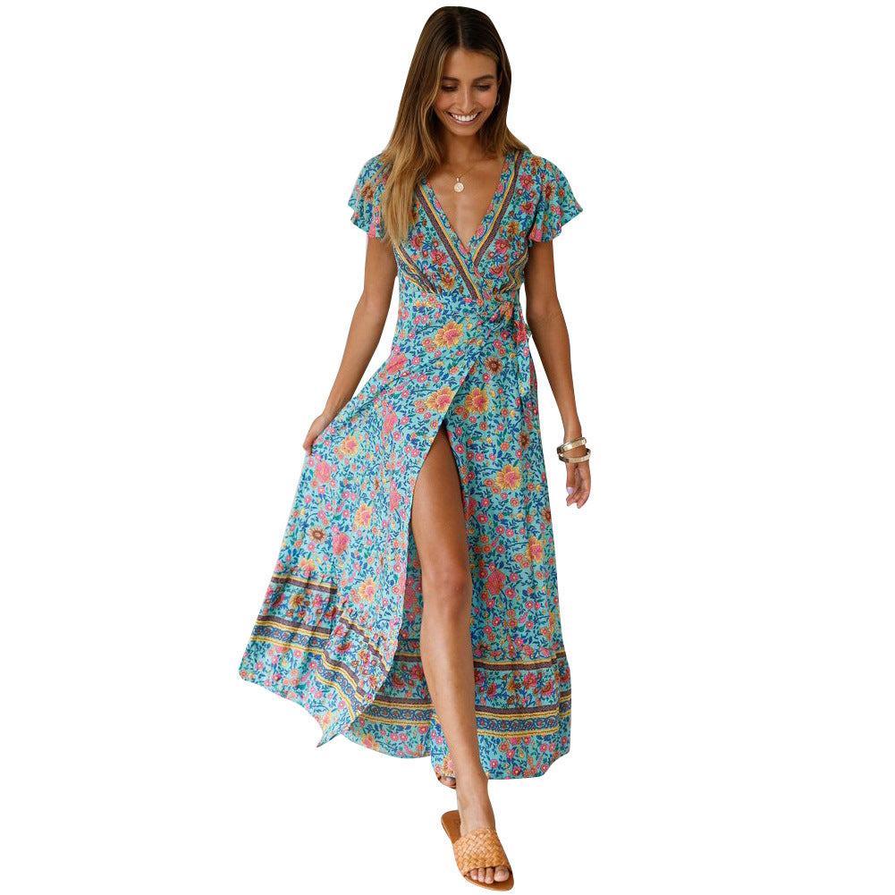 ZllKl  Cross-Border New  Summer Casual Hot Sale Holiday Floral Print Dress Sexy Dress Women's Clothing