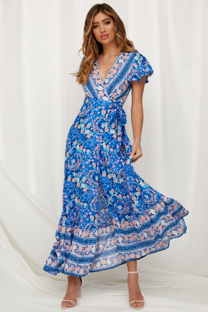 ZllKl  Cross-Border New  Summer Casual Hot Sale Holiday Floral Print Dress Sexy Dress Women's Clothing