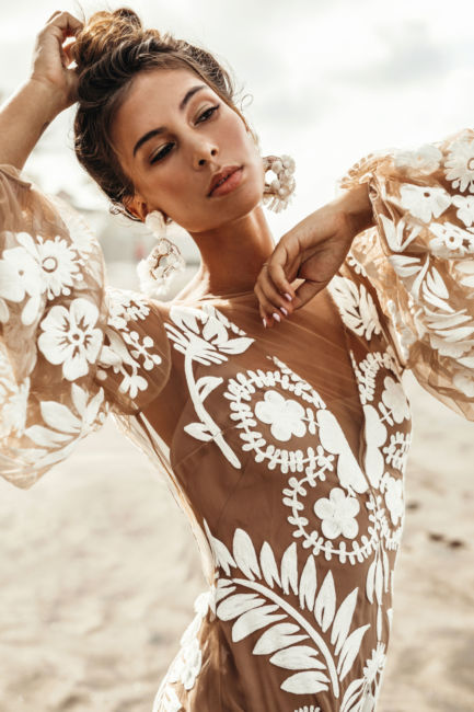 2020 new 2025 Popular trade women's clothing wish deep V mesh embroidered bubble sleeves backless dress dress new