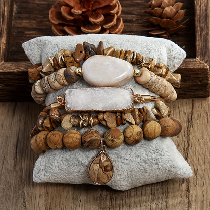 5pc Vintage Charm Boho Beaded Bracelet Set - Effortless Stackable, Elastic Stretch, Handmade Jewelry for Bohemian Style Enthusiasts