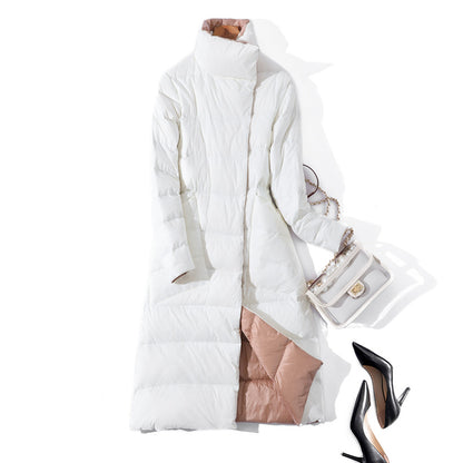 Cross-border  wears down jackets on both sides in Europe and the United States, women's medium and long New new light and thin stand-up collar white duck down jacket.