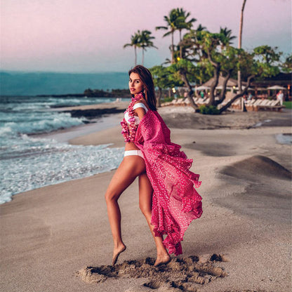 2025 new rose red medium and long chiffon cardigan beach jacket swimsuit with bikini sunscreen blouse for sunshade