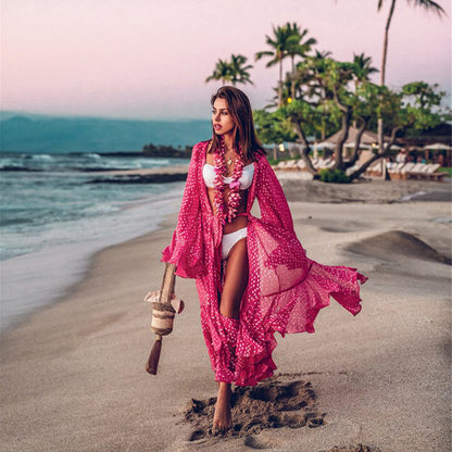 2025 new rose red medium and long chiffon cardigan beach jacket swimsuit with bikini sunscreen blouse for sunshade