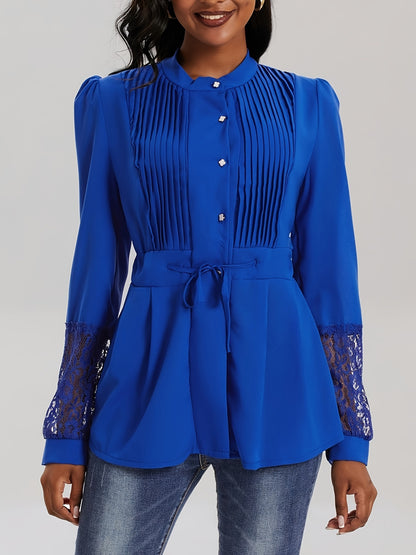 Elegant Lace Blouse - Long Sleeve, Mock Neck, Pleated Contrast Design, Women's Clothing for Chic Style