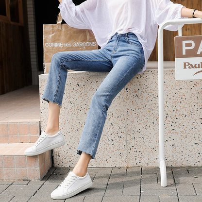 2025 New Cropped Ladies Denim Pants Korean Style Slimming Spring and Autumn Casual Women's Denim Straight-Leg Pants Wholesale