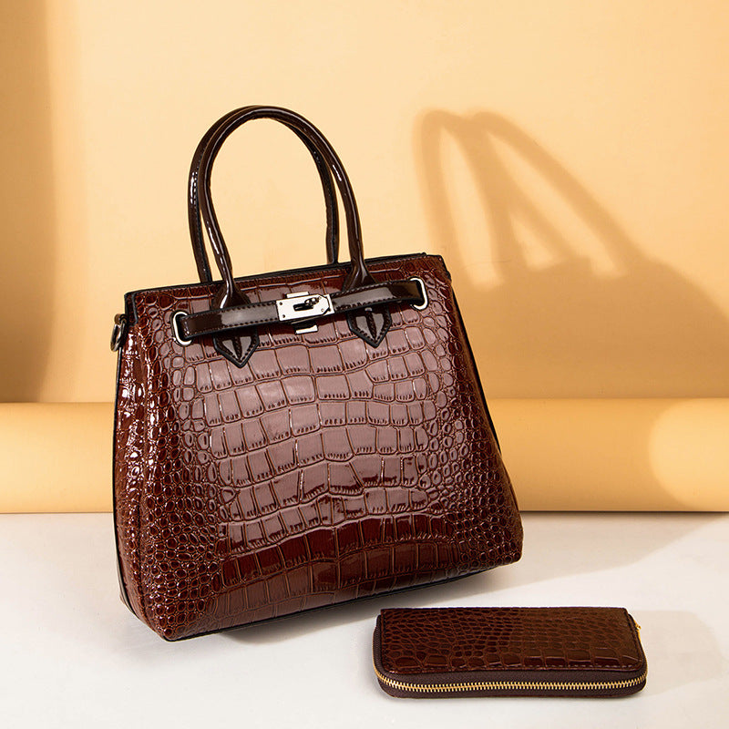 ZLLKL 2025Crocodile pattern patent leather women's bag popular new two-piece set, portable single shoulder oblique span bag, female wholesale factory hair