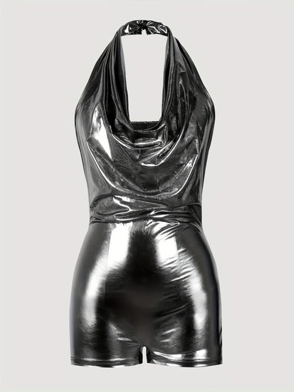 Sleek Y2K-Inspired Backless Metallic Halter Romper - Sleeveless, Figure-Hugging Partywear for Women