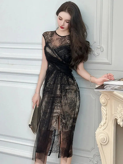 Basic Casual Dresses Women Fashion French Retro Maxi Dress Woman Sheer Mesh Lace Embroidery Skinny Robe Party Vestidos Prom Banquet Gown Femme
