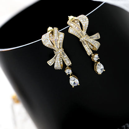 2025 atmospheric S925 silver needle high-end earrings, new zircon water drop earrings,  three-dimensional bow earrings