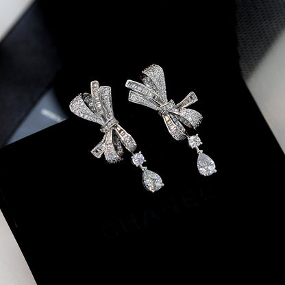 2025 atmospheric S925 silver needle high-end earrings, new zircon water drop earrings,  three-dimensional bow earrings