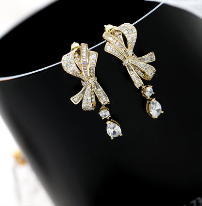 2025 atmospheric S925 silver needle high-end earrings, new zircon water drop earrings,  three-dimensional bow earrings