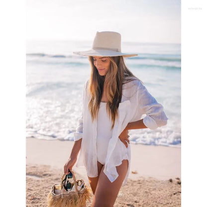 Women's Swimwear Beach Blouse Bikini Sun Protection White Tunic Cover-ups Sexy Summer Wear Swim Suit Cover Up Causal Women Tops