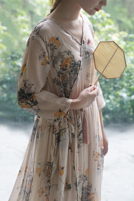 silk cotton national style ink printing diagonal placket slim dress New Chinese elegant dress robe L19245