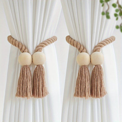 2pcs Magnetic Window Curtain Tiebacks Simple Wooden Tassel Curtain Buckle Curtain Holdback Suitable For Bedroom Living Room Kitchen Home Decoration