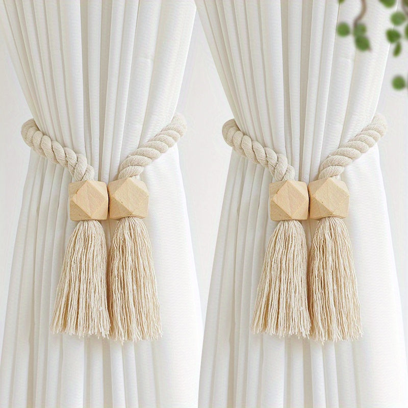 2pcs Magnetic Window Curtain Tiebacks Simple Wooden Tassel Curtain Buckle Curtain Holdback Suitable For Bedroom Living Room Kitchen Home Decoration