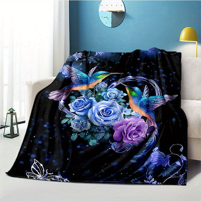 1pc Vibrant Hummingbird Floral Flannel Sheet Set - Soft, Lightweight, Four Seasons, Padded, Picnic & Travel Friendly, Machine Washable, Casual Blanket for Family