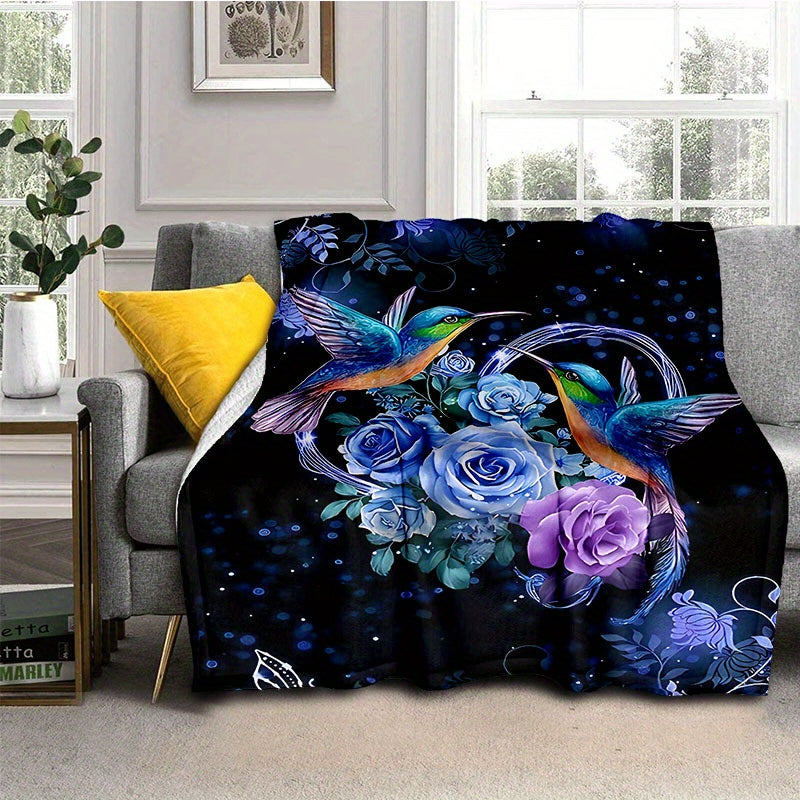 1pc Vibrant Hummingbird Floral Flannel Sheet Set - Soft, Lightweight, Four Seasons, Padded, Picnic & Travel Friendly, Machine Washable, Casual Blanket for Family