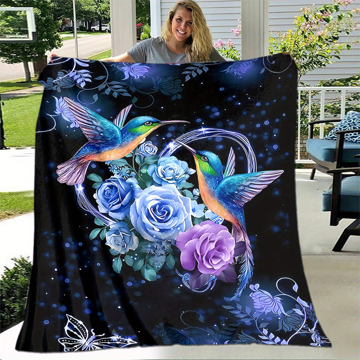 1pc Vibrant Hummingbird Floral Flannel Sheet Set - Soft, Lightweight, Four Seasons, Padded, Picnic & Travel Friendly, Machine Washable, Casual Blanket for Family