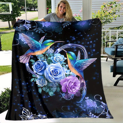 1pc Vibrant Hummingbird Floral Flannel Sheet Set - Soft, Lightweight, Four Seasons, Padded, Picnic & Travel Friendly, Machine Washable, Casual Blanket for Family