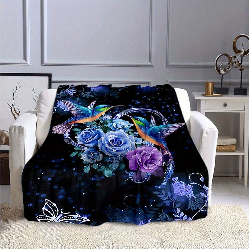 1pc Vibrant Hummingbird Floral Flannel Sheet Set - Soft, Lightweight, Four Seasons, Padded, Picnic & Travel Friendly, Machine Washable, Casual Blanket for Family