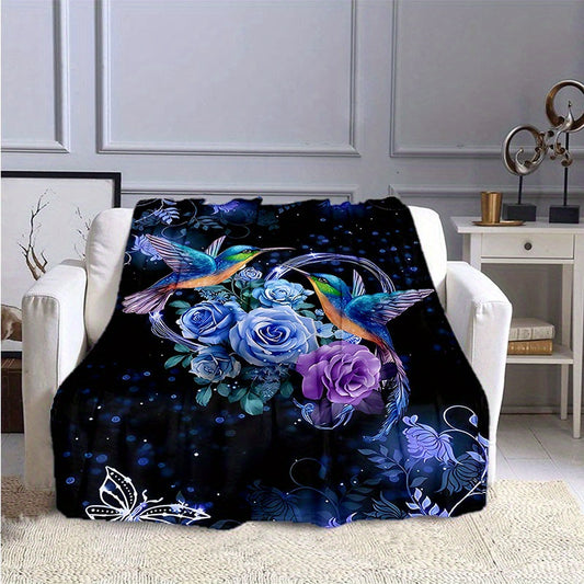 1pc Vibrant Hummingbird Floral Flannel Sheet Set - Soft, Lightweight, Four Seasons, Padded, Picnic & Travel Friendly, Machine Washable, Casual Blanket for Family