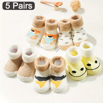 5 Pairs Toddler's Novelty Cartoon Cute Floor Socks, Cotton Breathable Thickened Warm Socks, Boys Girls Kids Socks For Autumn And Winter