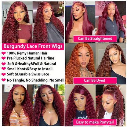 Burgundy Lace Front Wigs Human Hair Pre Plucked 99J Deep Wave Wig 13x4 HD Lace Frontal Wigs For Women Human Hair Red Colored Wet And Wavy Curly Wigs