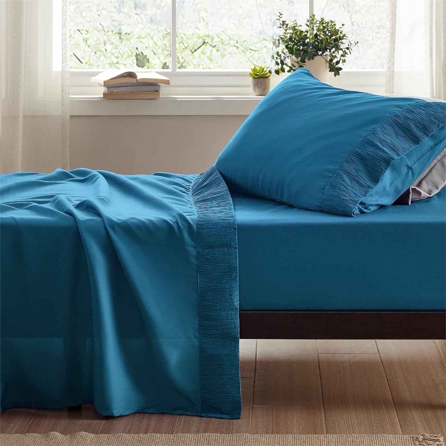 4pcs Luxurious Microfiber Sheet Set - 14" Deep Pocket, Exquisite Pinch Pleat, Shrink-Resistant, Fade-Resistant, Soft & Comfortable Bedding Set With Pillowcase, Flat Sheet, Fitted Sheet - Modern Design For All Season, Dorm Bedding For College Set